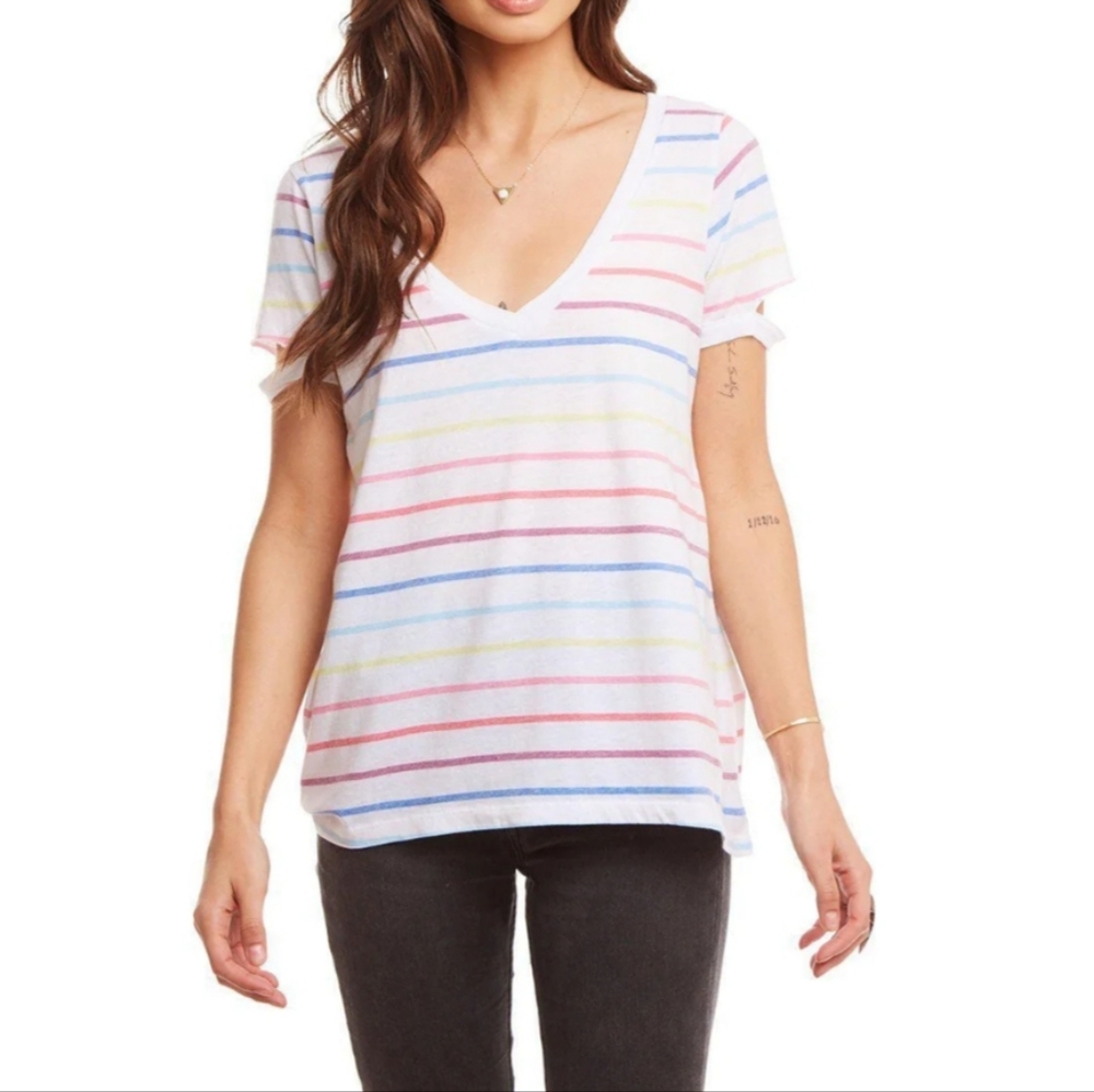 CHASER Striped Open Back V Neck Tshirt Sz M